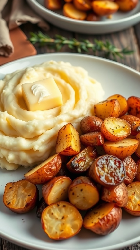 Creamy mashed potatoes and golden roasted potatoes on a plate, garnished with herbs.